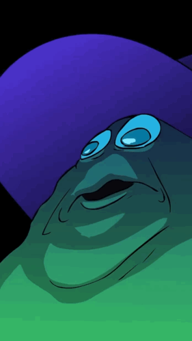 a cartoon character with a purple hat and big blue eyes