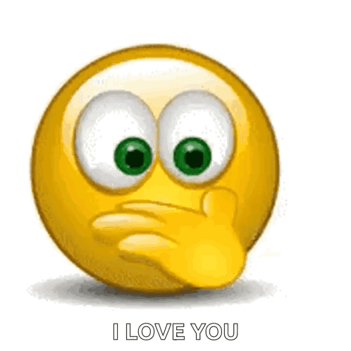 A large bashful emoji holds a finger to its mouth above “I LOVE YOU” text.