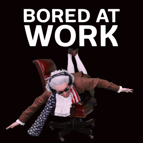 A person planks across an office chair beneath “BORED AT WORK.”