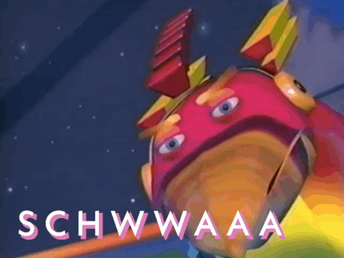 a colorful cartoon character with the words schwwaaa above it