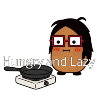 a potato with glasses is cooking on a stove with the words hungry and lazy written below it