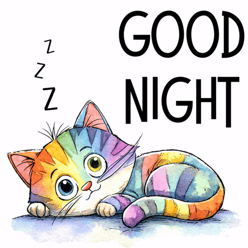 a colorful cat is sleeping with the words good night above it