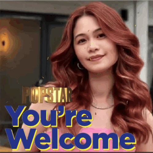 a woman with red hair and the words you 're welcome