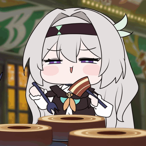 a cartoon of a girl eating a piece of cake with a fork