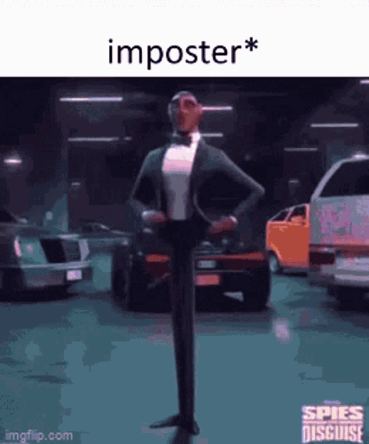 a cartoon character in a tuxedo is standing in a parking lot with cars .