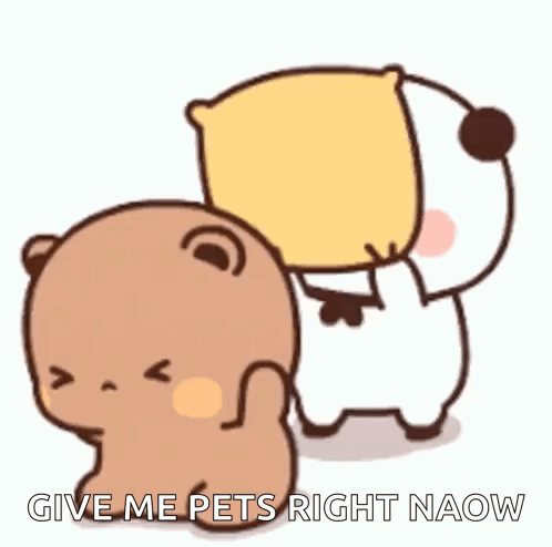 Bubu holds a pillow behind Dudu as if ready to strike, captioned “GIVE ME PETS RIGHT NOW!”