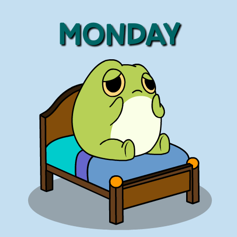 a frog is sitting on a bed with the word monday behind it