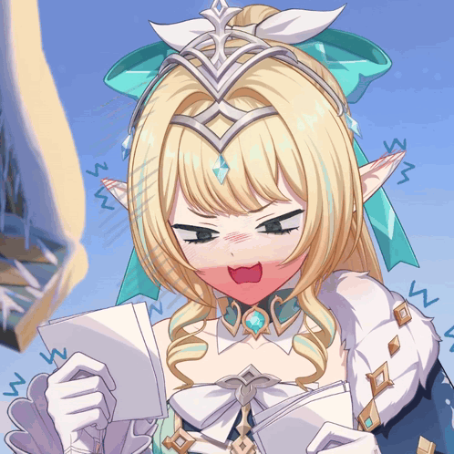 a blonde anime character with a crown on her head holds a piece of paper