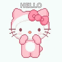 Hello Kitty in pink bows holds her paws up under “HELLO” text.