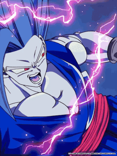 a picture of a cartoon character with purple lightning coming from his chest