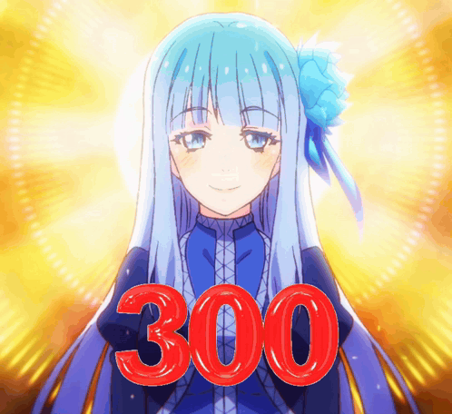 a blue haired anime girl with the number 300 behind her