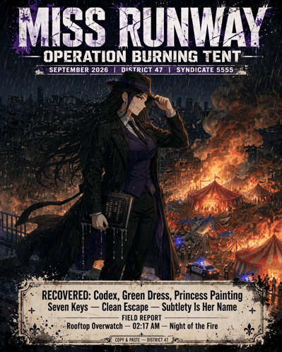 a poster for miss runway operation burning tent shows a woman in a suit