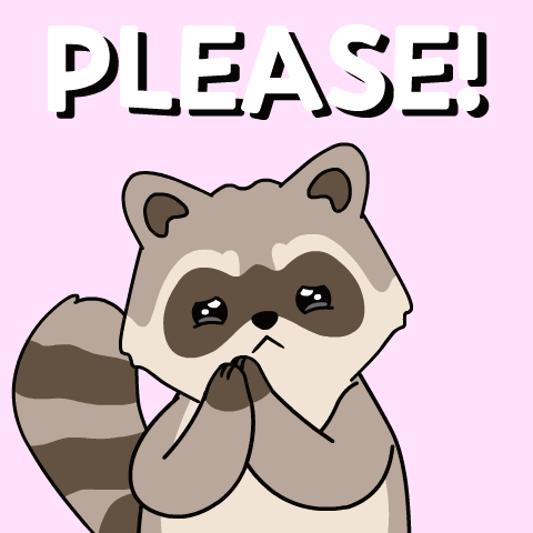 A kawaii raccoon holds its paws to its mouth under large “PLEASE!” lettering.