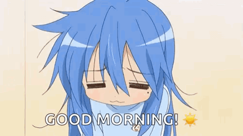 a girl with blue hair is yawning and says `` good morning '' .
