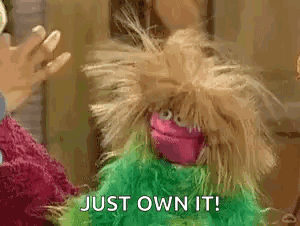 A pink Muppet character throws up her wildly messy hair, captioned “JUST OWN IT!”