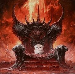 a cat is sitting on a throne in a painting