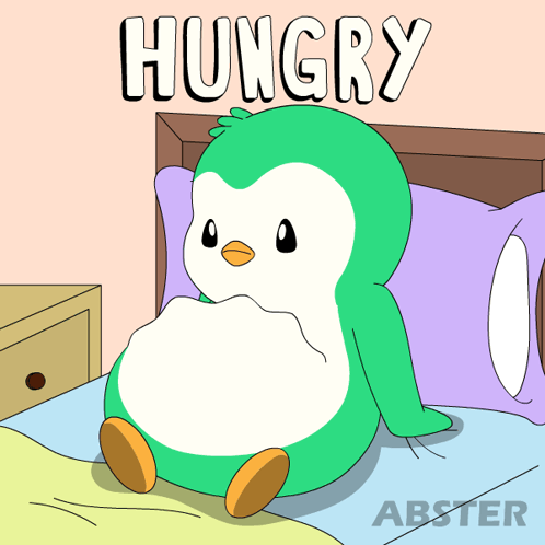 A green-haired pudgy penguin sits in bed beneath “HUNGRY.”