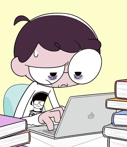 A sleepy cartoon student drinks coffee while working at a laptop among books.