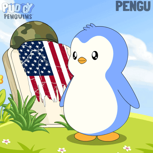 a cartoon of a penguin standing in front of a gravestone with the name pengu on it