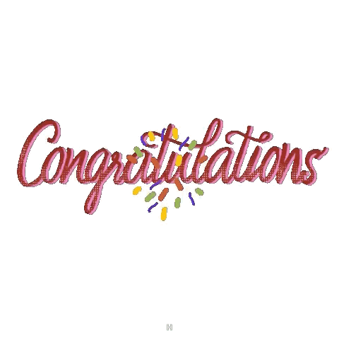 Red cursive “Congratulations” appears above a small multicolor burst on a white background.