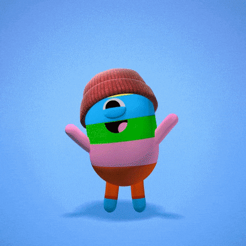 a colorful cartoon character wearing a beanie and striped sweater
