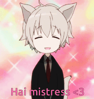 a cartoon character with cat ears and the words hai mistress < 3 on the bottom