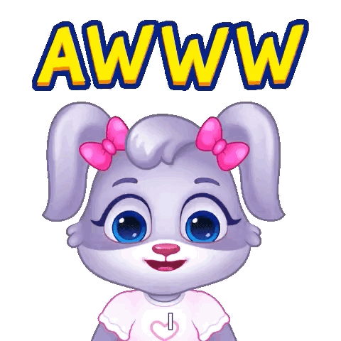 A purple cartoon puppy with bows holds a heart beneath “AWWW.”
