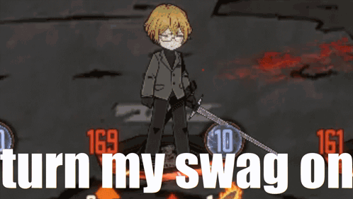 a cartoon character is surrounded by flames and the words turn my swag on are visible