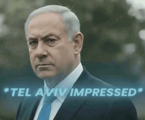 a man in a suit and tie with tel aviv impressed written on the bottom
