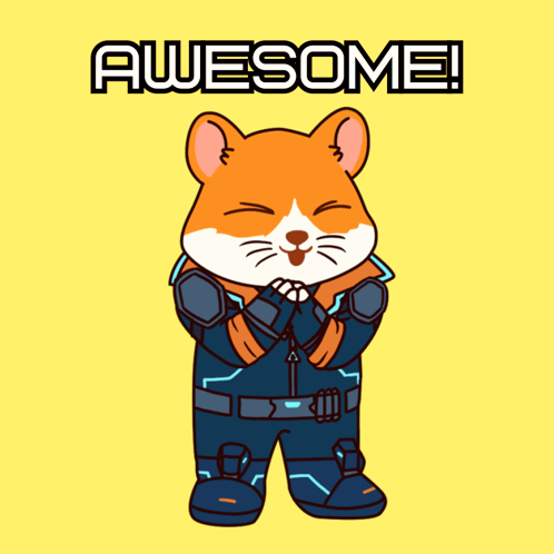 A small orange hamster in a suit stands beneath “AWESOME!” text.