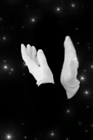 White gloved hands clap against a sparkling black background.