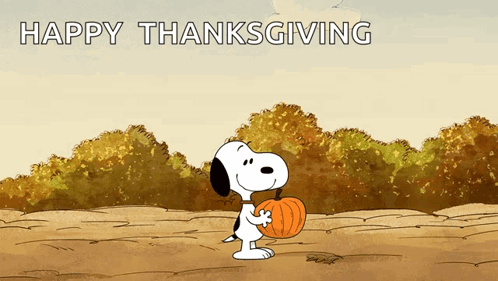 a cartoon of snoopy holding a pumpkin with the words happy thanksgiving behind him