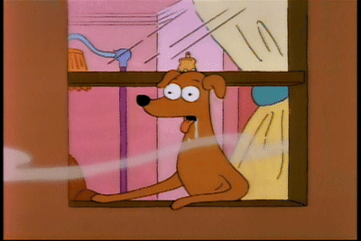 a cartoon dog is looking out of a window with a pink background