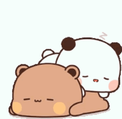 Two round cartoon bears rest together with a tiny Zzz above them.