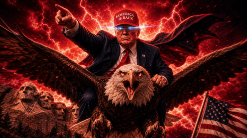 a man wearing a red hat that says america is back rides on the back of an eagle