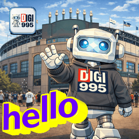 a robot wearing a digi 995 hoodie waves in front of a stadium