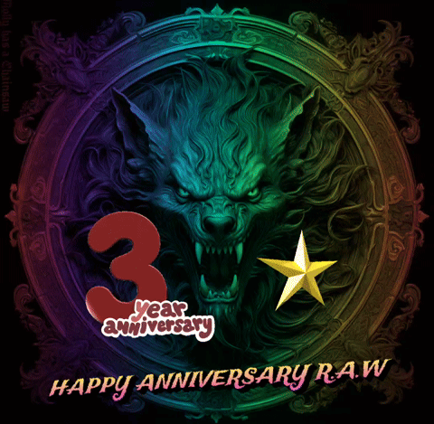 a picture of a werewolf with the words happy anniversary raw written below it