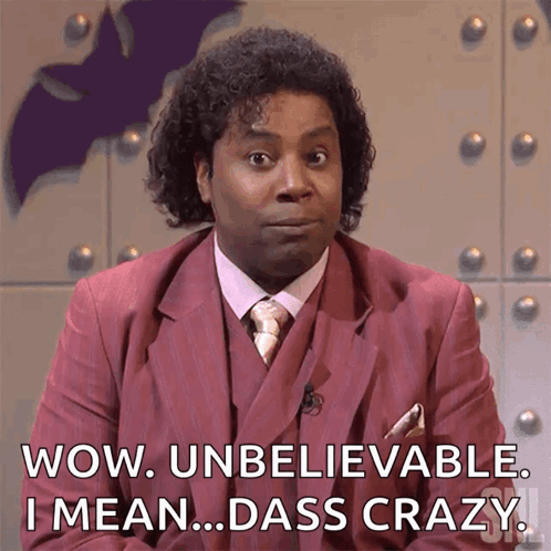 A man in a burgundy suit reacts with wide eyes as text says “WOW. UNBELIEVABLE.”