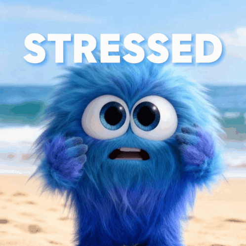 a blue monster with big eyes is stressed