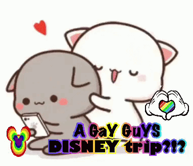 a cartoon of two cats making a heart shape with their hands and the words `` a gay guys disney trip ''