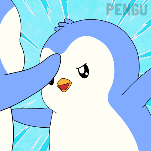 a blue and white penguin is being petted by another penguin