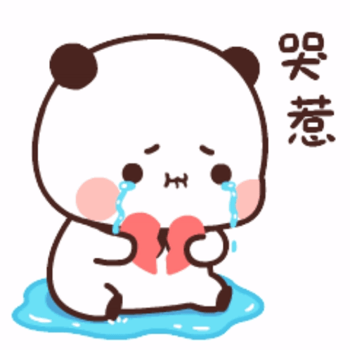A panda-like cartoon character sobs into its paws, surrounded by tears.