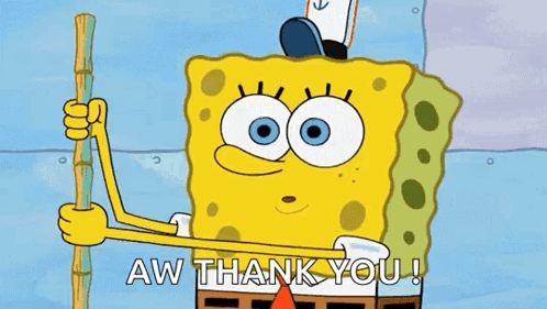 SpongeBob holds a broom and smiles beneath “AW THANK YOU!”