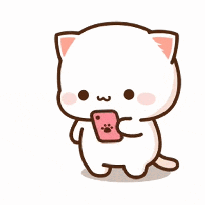 Peach, a white cartoon cat, holds a pink smartphone.
