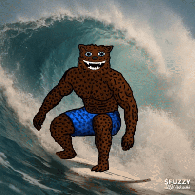 a cartoon of a leopard riding a wave on a surfboard with fuzzy written on the bottom