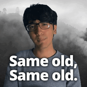 a man with glasses and the words same old same old on the bottom