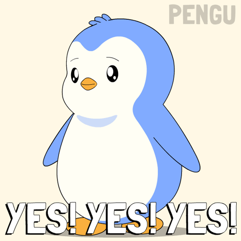 A blue cartoon penguin beams under repeated “YES! YES! YES!” text.
