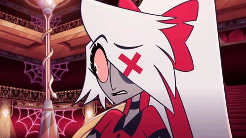 a cartoon character with a cross on her head