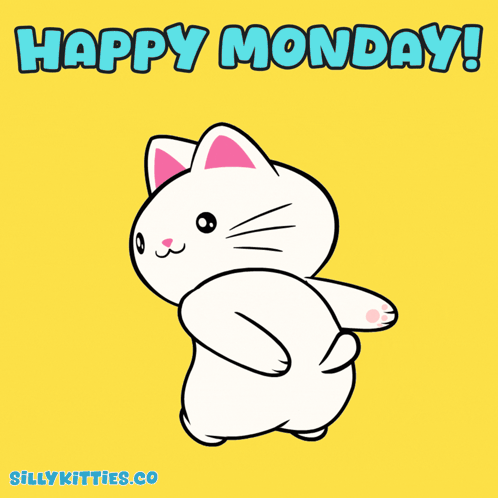 A white cartoon cat stands on a yellow background under “HAPPY MONDAY!”