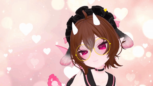 a cartoon character with horns and glasses is surrounded by hearts